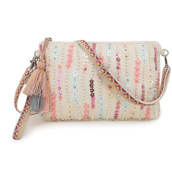 Glid Natural & Pink Striped Sequined Cotton Handloom & Leatherette Sling Bag 1