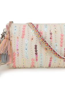 Glid Natural & Pink Striped Sequined Cotton Handloom & Leatherette Sling Bag