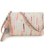 Anekaant Glid Natural & Pink Striped Sequined Cotton Handloom & Leatherette Sling Bag