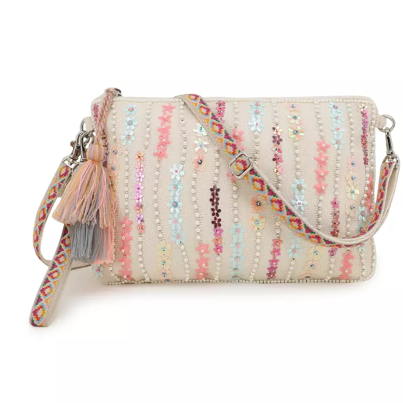 Anekaant Glid Natural & Pink Striped Sequined Cotton Handloom & Leatherette Sling Bag