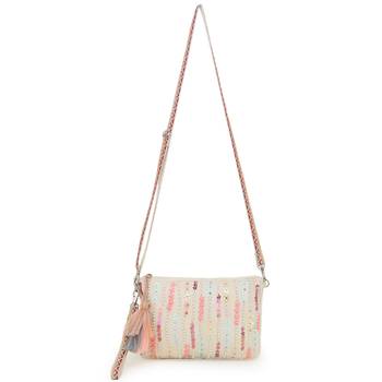 Glid Natural & Pink Striped Sequined Cotton Handloom & Leatherette Sling Bag 2