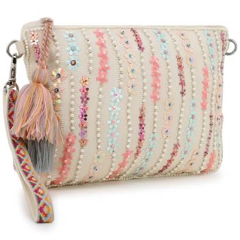 Glid Natural & Pink Striped Sequined Cotton Handloom & Leatherette Sling Bag 3