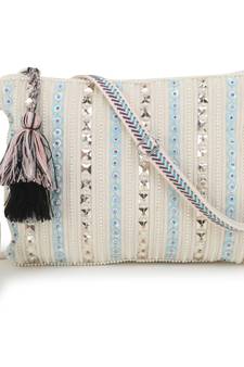 Glid Natural & Blue Striped Sequined Cotton Corduroy & Leatherette Sling Bag