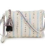 Anekaant Glid Natural & Blue Striped Sequined Cotton Corduroy & Leatherette Sling Bag