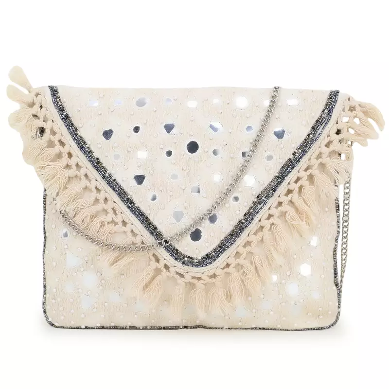 Anekaant Gaper Natural & Silver Medallion Embellished Cotton Jacquard Sling Bag