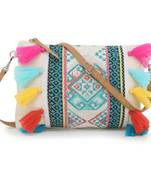 Droopy Natural & Multi Greek Key Textured Polycotton Jacquard & Leatherette Sling Bag