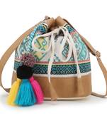 Anekaant Droopy Natural, Brown & Multi Greek Key Textured Polycotton Jacquard & Leatherette Sling Bag