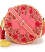 Anekaant Verdant Pink & Yellow Floral Embroidered Cotton Canvas  Sling Bag