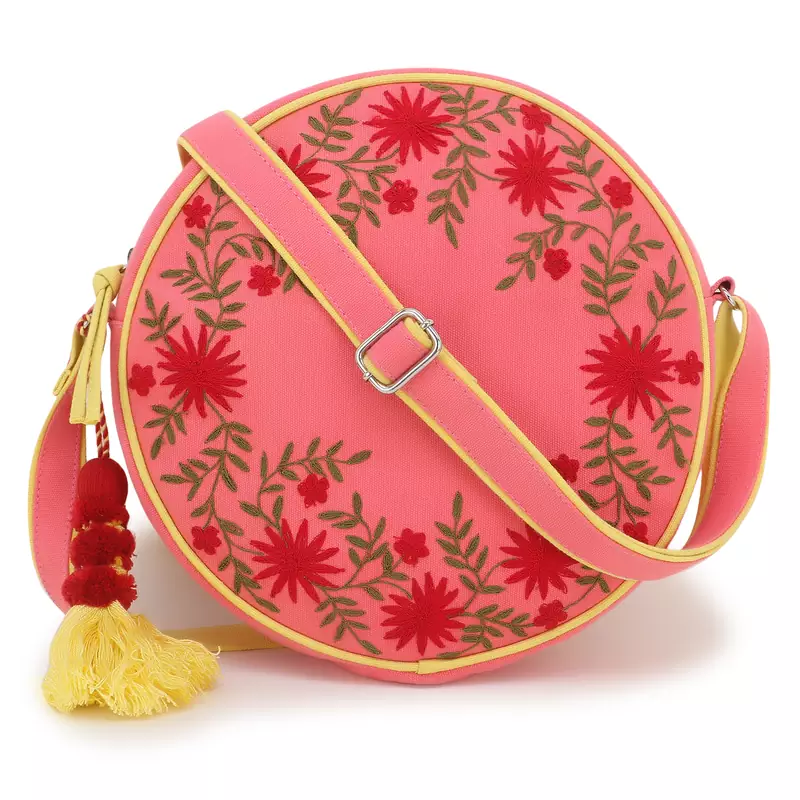 Anekaant Verdant Pink & Yellow Floral Embroidered Cotton Canvas  Sling Bag