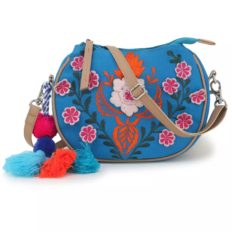Anekaant Verdant True Blue & Multi Floral Embroidered Cotton Canvas & Leatherette Sling Bag