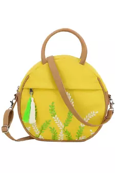 Anekaant Verdant Lemon Yellow & Multi Floral Embroidered Cotton Canvas & Leatherette Sling Bag