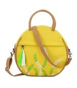 Anekaant Verdant Lemon Yellow & Multi Floral Embroidered Cotton Canvas & Leatherette Sling Bag