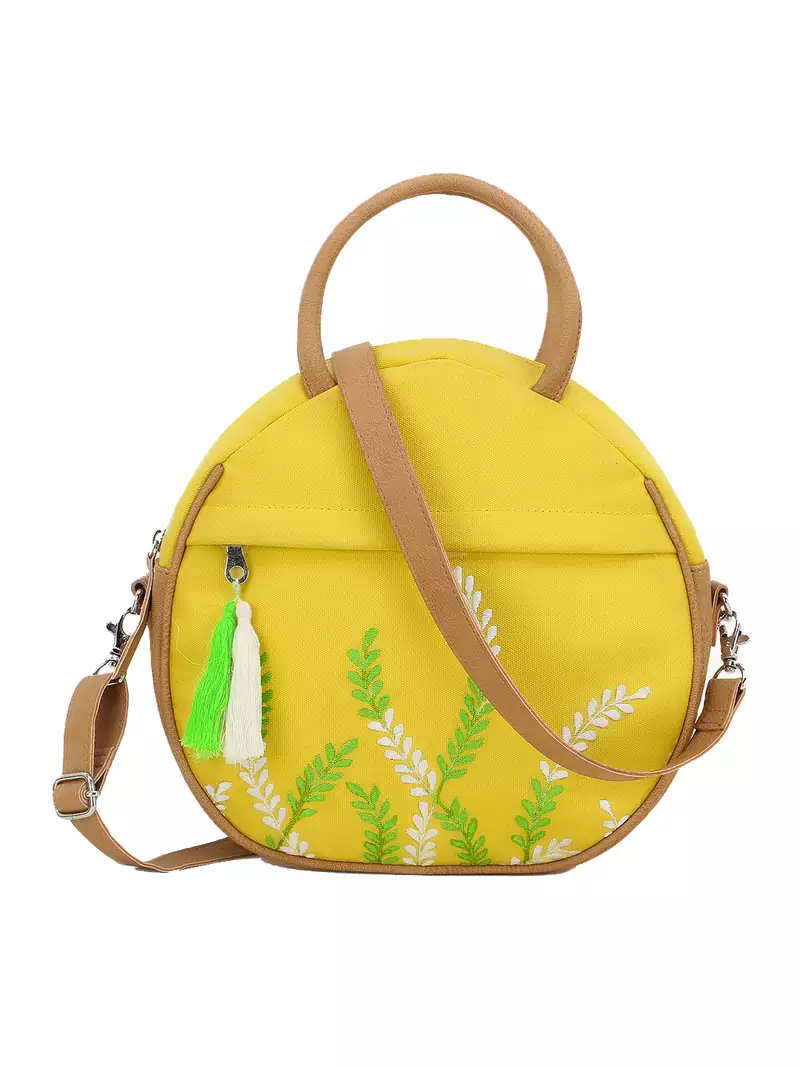 Anekaant Verdant Lemon Yellow & Multi Floral Embroidered Cotton Canvas & Leatherette Sling Bag