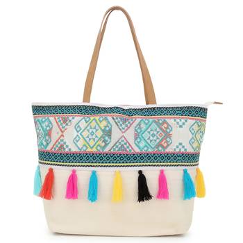 Droopy Natural & Multi Greek Key Textured Polycotton Jacquard & Leatherette Tote Bag 1