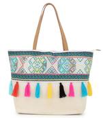 Droopy Natural & Multi Greek Key Textured Polycotton Jacquard & Leatherette Tote Bag