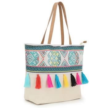 Droopy Natural & Multi Greek Key Textured Polycotton Jacquard & Leatherette Tote Bag 2
