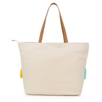 Droopy Natural & Multi Greek Key Textured Polycotton Jacquard & Leatherette Tote Bag 3