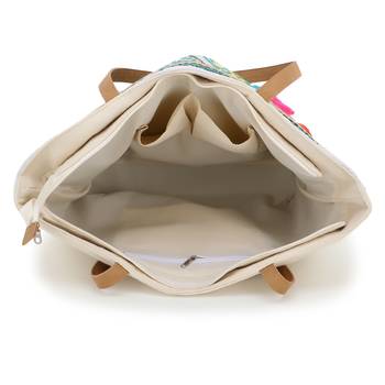 Droopy Natural & Multi Greek Key Textured Polycotton Jacquard & Leatherette Tote Bag 4