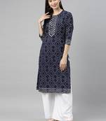 Navy-blue printed cotton cotton-kurtis