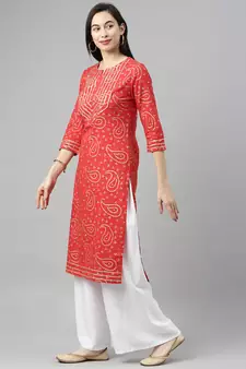 Light-Red Printed Cotton Cotton-Kurtis