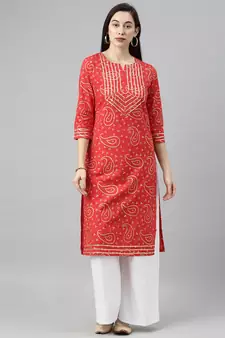 Light-Red Printed Cotton Cotton-Kurtis