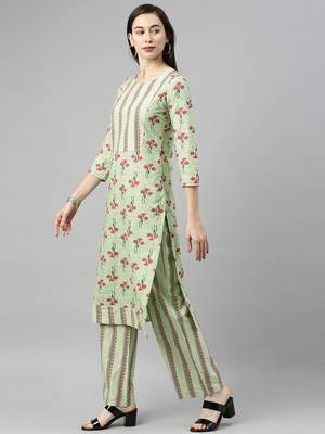 Light-Green Printed Cotton Cotton-Kurtis 3
