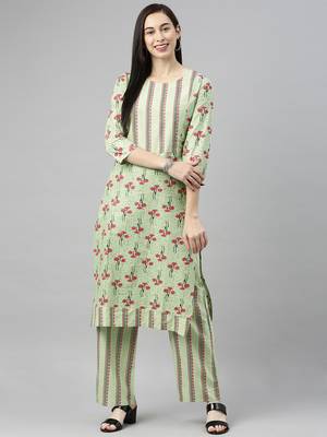 Light-Green Printed Cotton Cotton-Kurtis 4