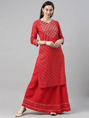 Red Printed Rayon Ethnic-Kurtis 1