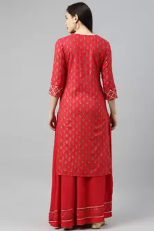 Red Printed Rayon Ethnic-Kurtis