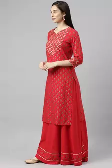 Red Printed Rayon Ethnic-Kurtis