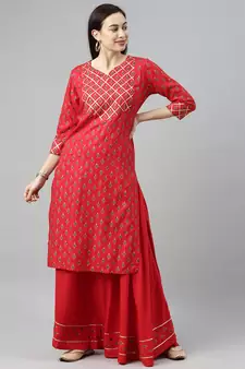 Red Printed Rayon Ethnic-Kurtis