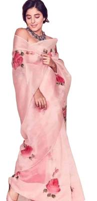 Baby pink printed organza saree with blouse 1