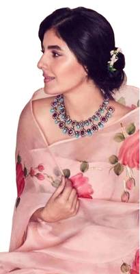 Baby pink printed organza saree with blouse 3