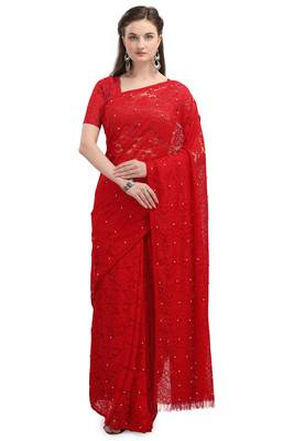 Red woven silk saree with blouse 1