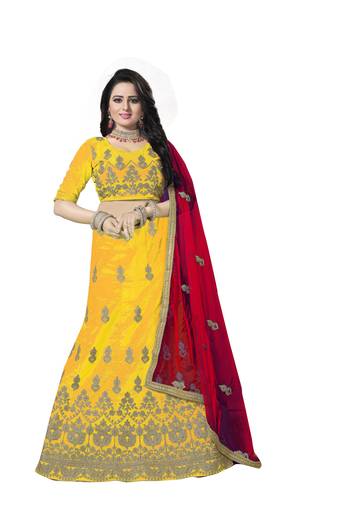 Yellow embroidered silk semi stitched lehenga