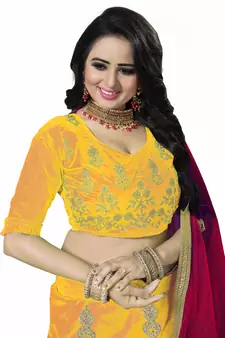 Yellow embroidered silk semi stitched lehenga