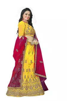 Yellow embroidered silk semi stitched lehenga