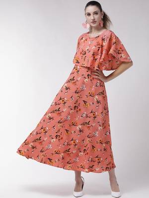 Peach printed crepe maxi-dresses 1