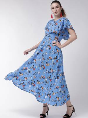 Blue printed crepe maxi-dresses 1