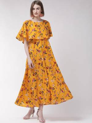 Yellow printed crepe maxi-dresses 1
