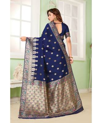 Blue woven Bemberg silk saree with blouse 2