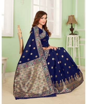 Blue woven Bemberg silk saree with blouse 3