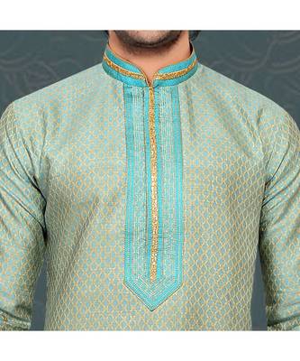 Mens blue  jacqurd kurta set with cording and embroidery on collar and jabbapatti 2