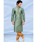 Mens green jacqurd kurta set with cording  on collar and jabbapatti  and gundi buttons