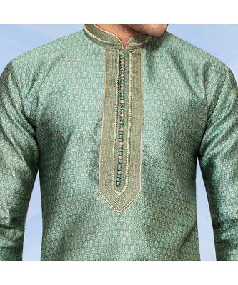 Mens green jacqurd kurta set with cording  on collar and jabbapatti  and gundi buttons 2