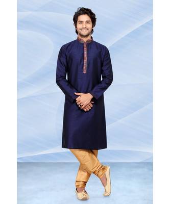 Mens  blue polysilk kurta set with embroidery on jabbapatti and cording on jabbapaati and collar 1