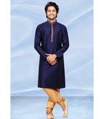 Mens  blue polysilk kurta set with embroidery on jabbapatti and cording on jabbapaati and collar