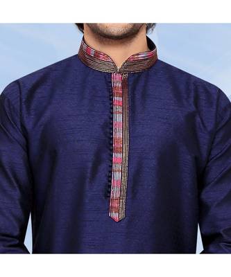 Mens  blue polysilk kurta set with embroidery on jabbapatti and cording on jabbapaati and collar 2