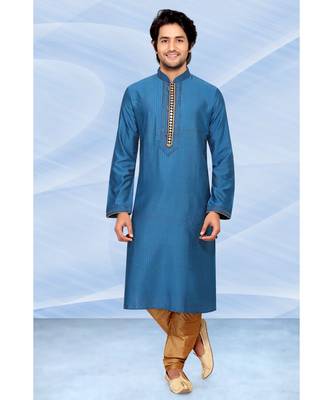 Mens blue polysilk kurta set with contrasrt pink jabbapatti and cording 1