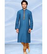 Mens blue polysilk kurta set with contrasrt pink jabbapatti and cording